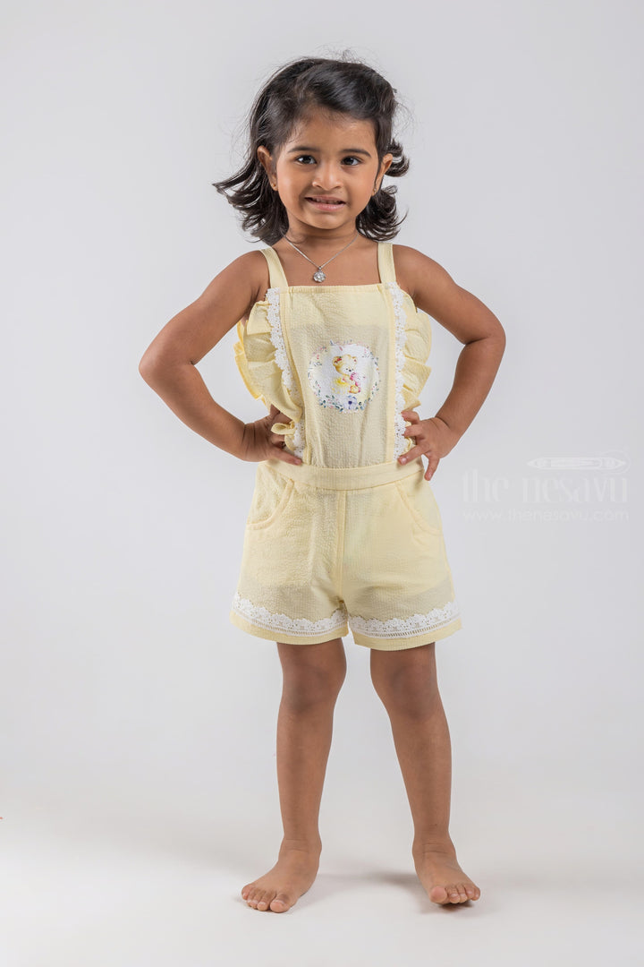 The Nesavu Baby Dungarees Cute Teddy Bear Printed Sleeveless Yellow Top and Blue Trouser Set for Baby Girls psr silks Nesavu 14 (6M) / Yellow / Cotton BFJ406B