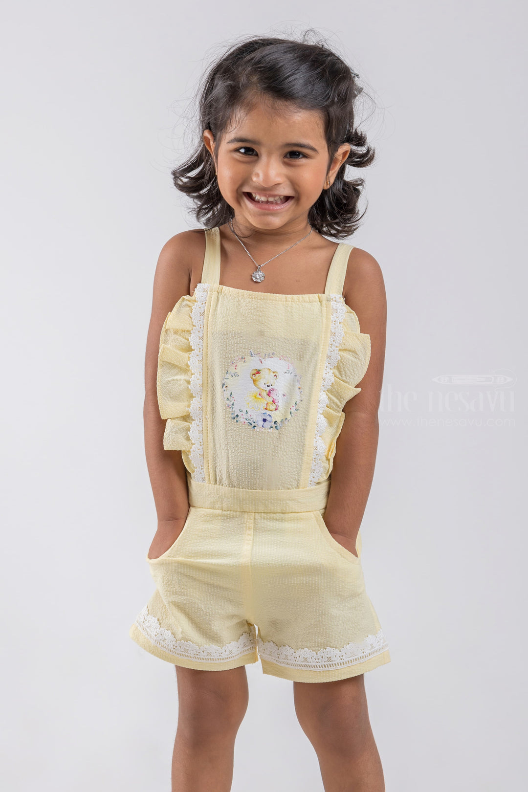 The Nesavu Baby Dungarees Cute Teddy Bear Printed Sleeveless Yellow Top and Blue Trouser Set for Baby Girls psr silks Nesavu