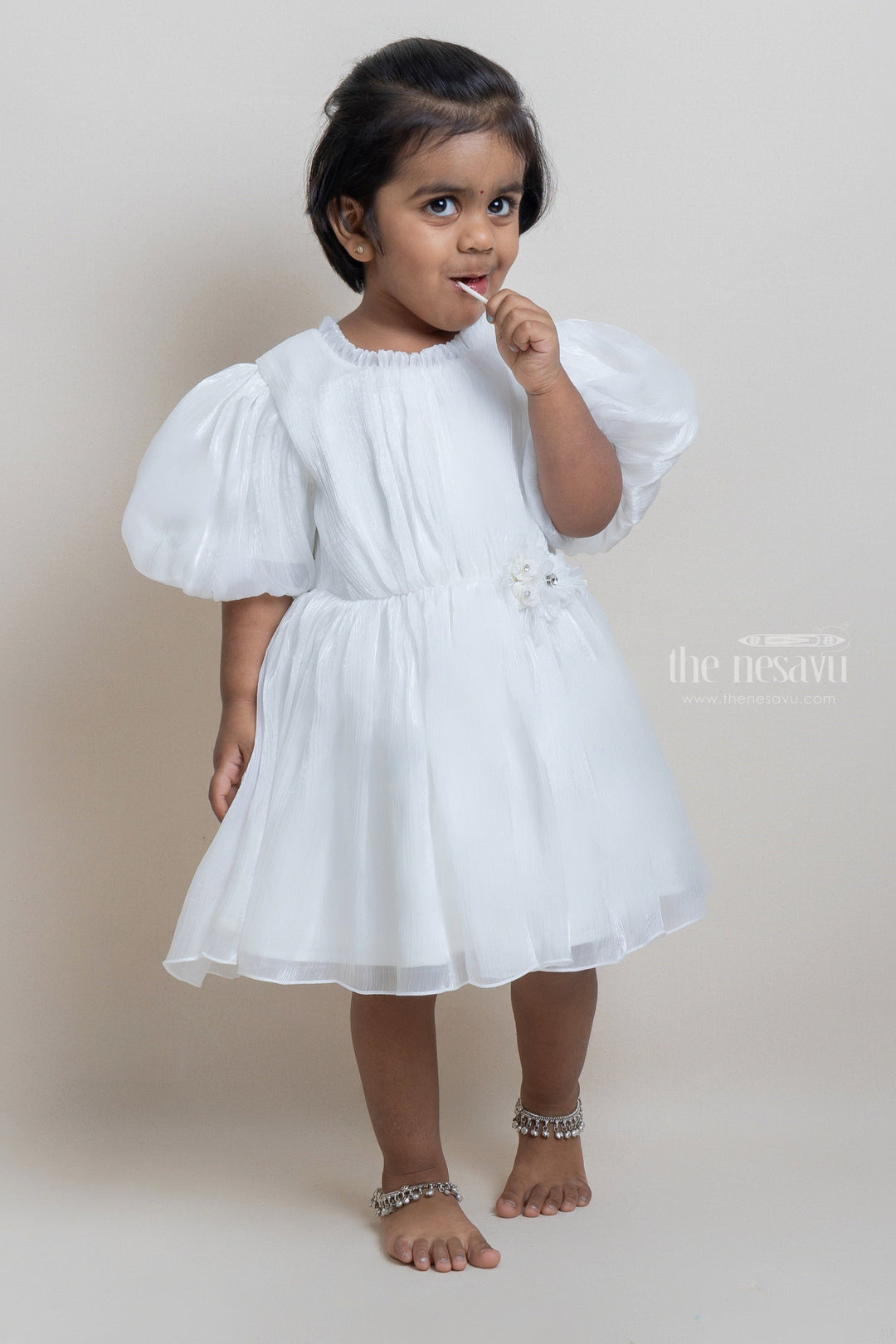 The Nesavu Girls Fancy Party Frock Cutest White Glaze Organza Puffed Sleeve Solid Party Frock For Girls Nesavu 14 (6M) / White PF53E Glamorous party frocks | Elegant party frocks | The Nesavu
