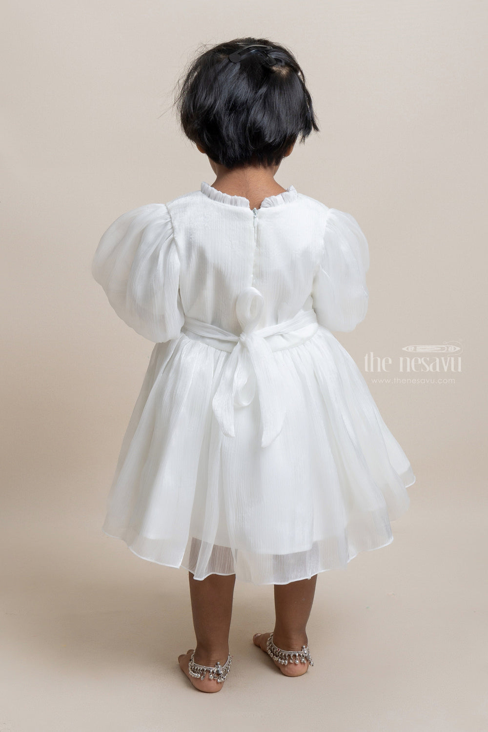 The Nesavu Girls Fancy Party Frock Cutest White Glaze Organza Puffed Sleeve Solid Party Frock For Girls Nesavu Glamorous party frocks | Elegant party frocks | The Nesavu