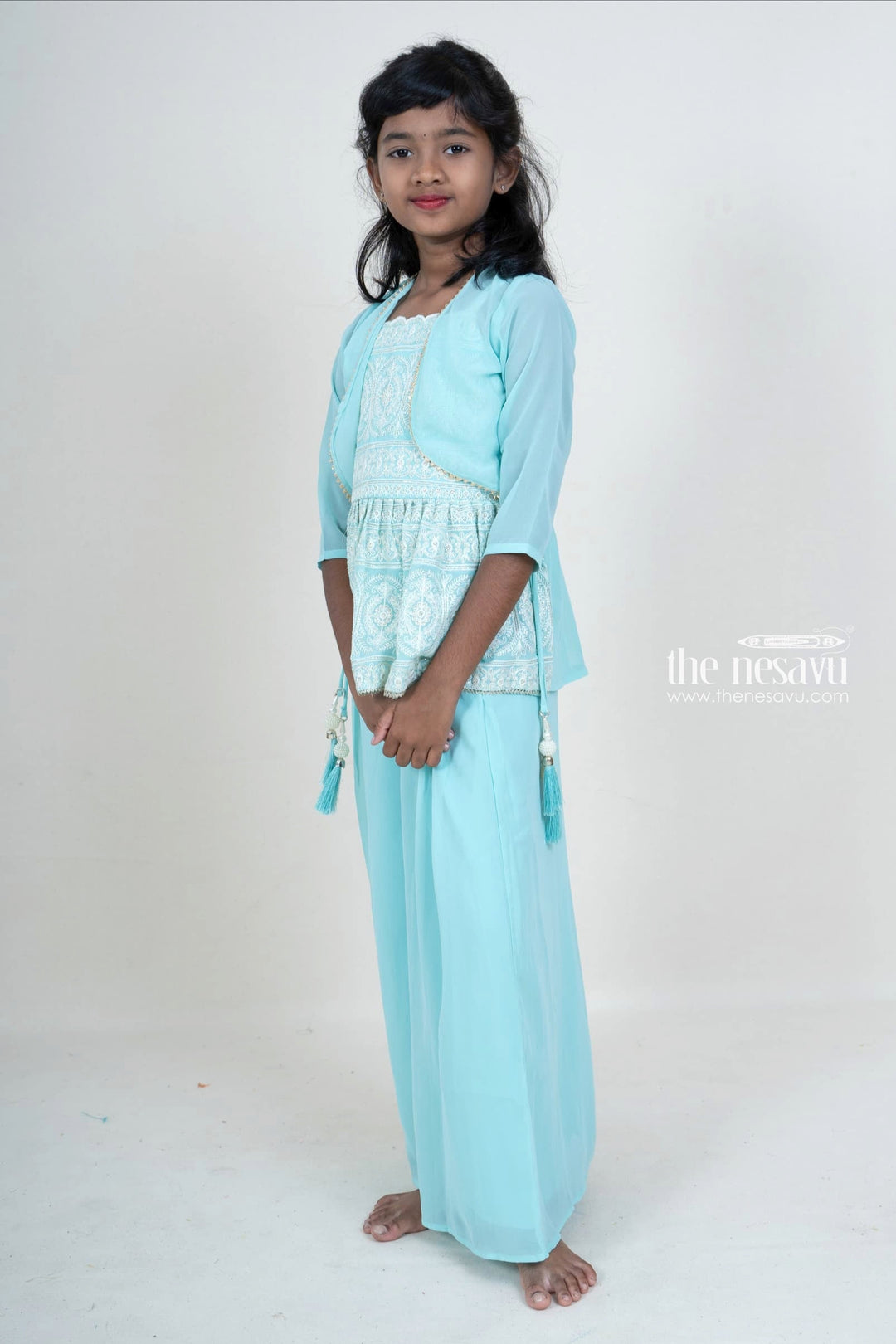 The Nesavu Girls Sharara / Plazo Set Cyan Crepe Party Wear Palazzo With Embroidery Top And Overcoat Nesavu 22 (4Y) / Blue GPS056B-22