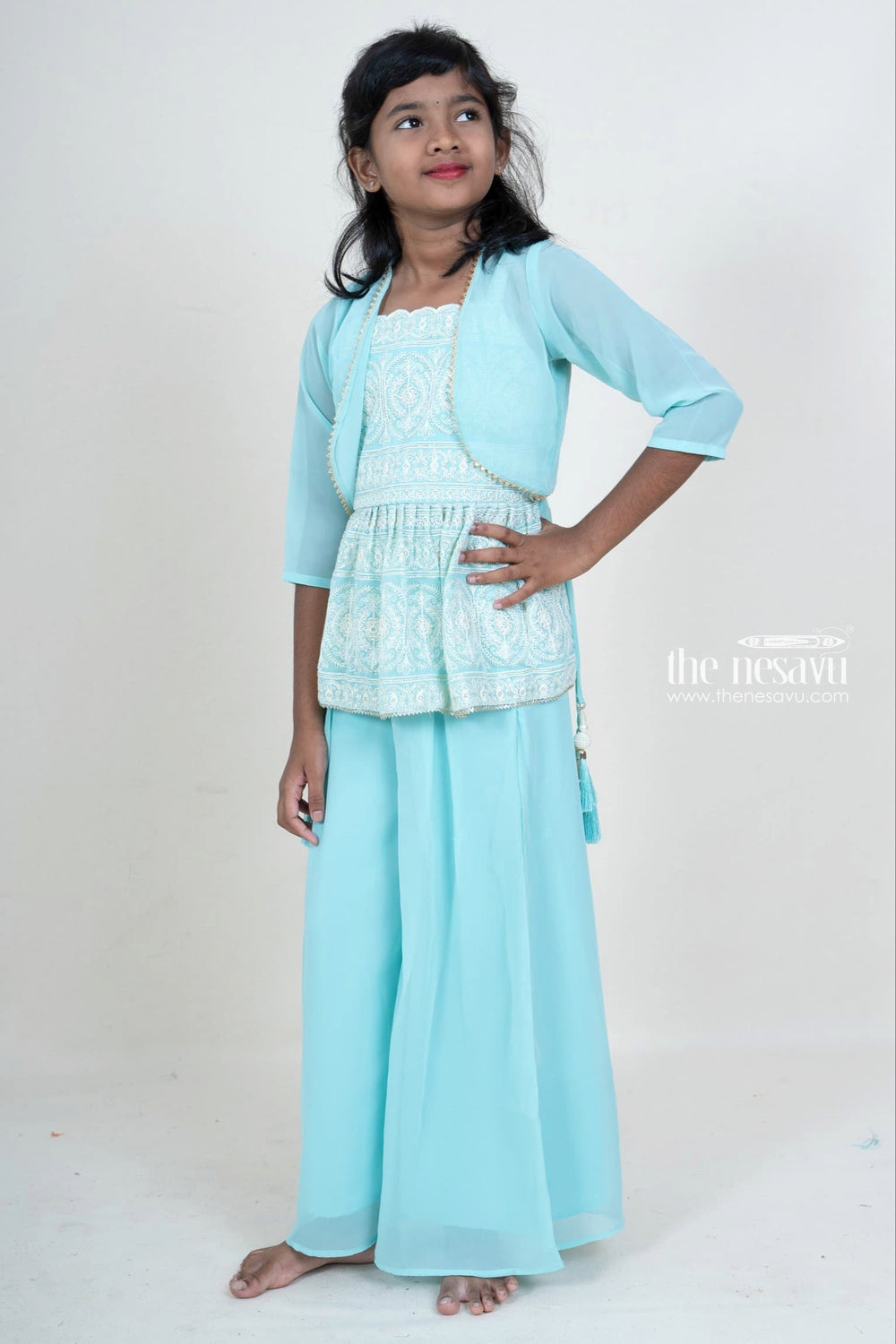The Nesavu Girls Sharara / Plazo Set Cyan Crepe Party Wear Palazzo With Embroidery Top And Overcoat Nesavu