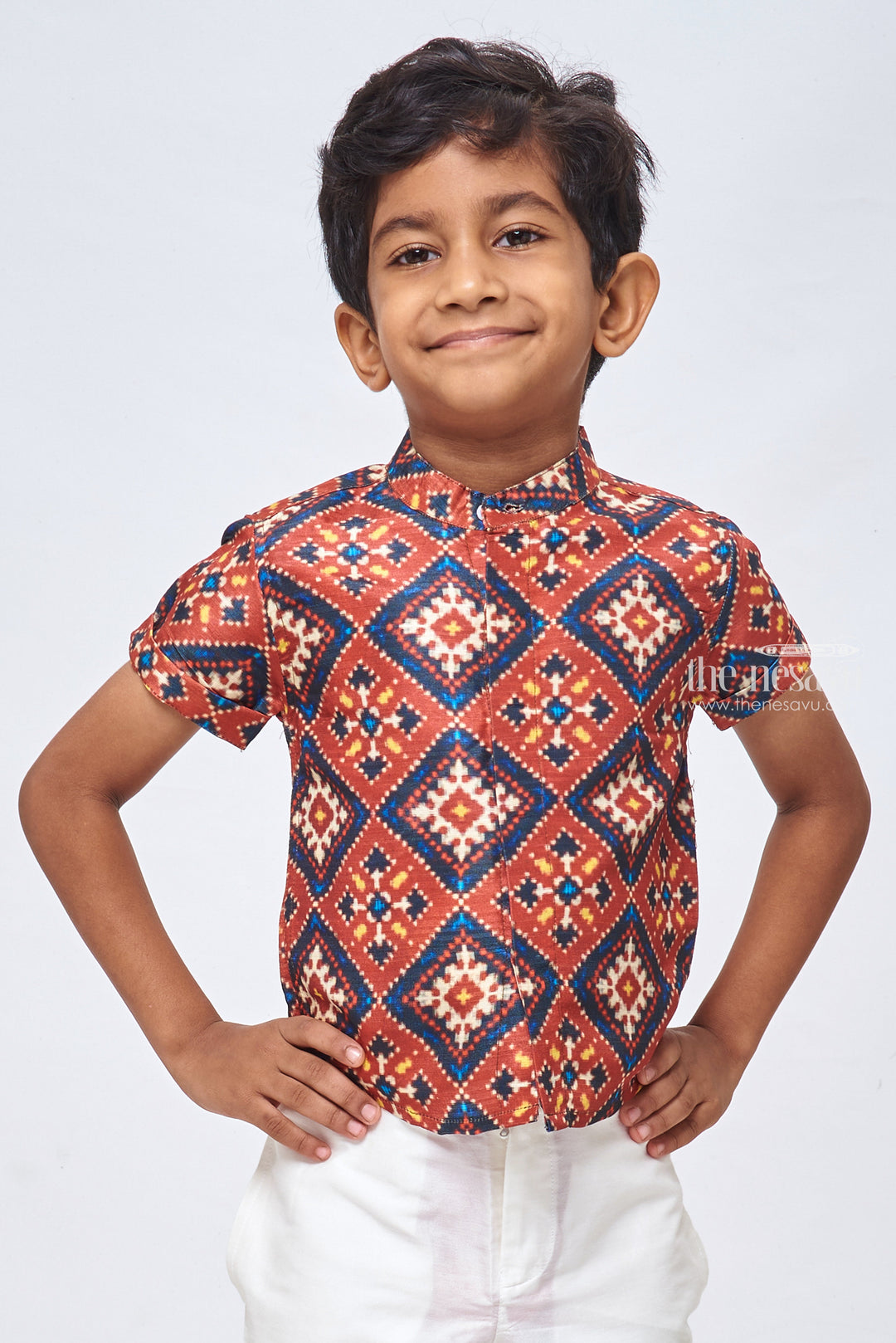 The Nesavu Boys Silk Shirt Dapper Silk Patola Boys' Shirts: Elevate His Style for Memorable Events Nesavu 14 (6M) / Orange / Silk Blend BS048B-14 Silk Patola Boys Shirts | Boys Casual Shirt | The Nesavu