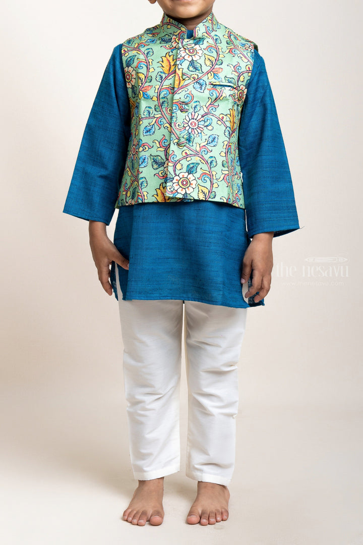 The Nesavu Boys Jacket Sets Dark Blue Cotton Kurta For Boys With A Light Green Digital Floral Prints Jacket Nesavu 16 (1Y) / Blue / Silk BES276 Festive Wear Kurta For Boys| Latest Collection| The Nesavu