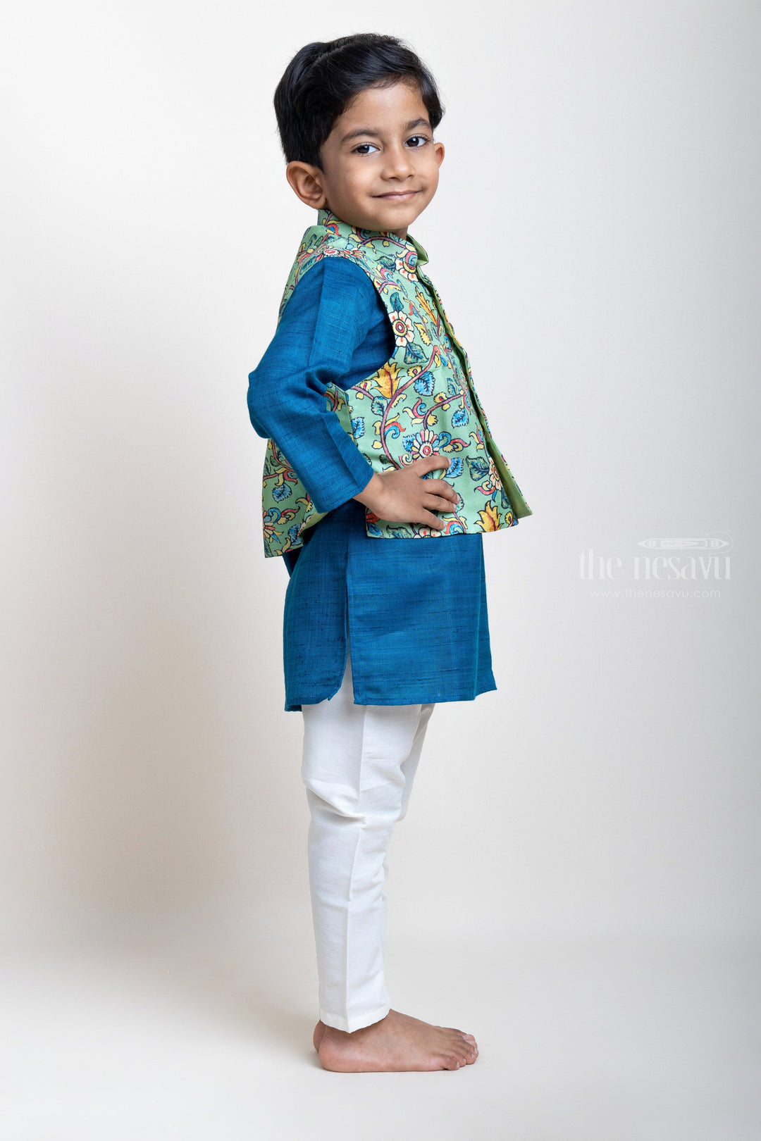 The Nesavu Boys Jacket Sets Dark Blue Cotton Kurta For Boys With A Light Green Digital Floral Prints Jacket psr silks Nesavu