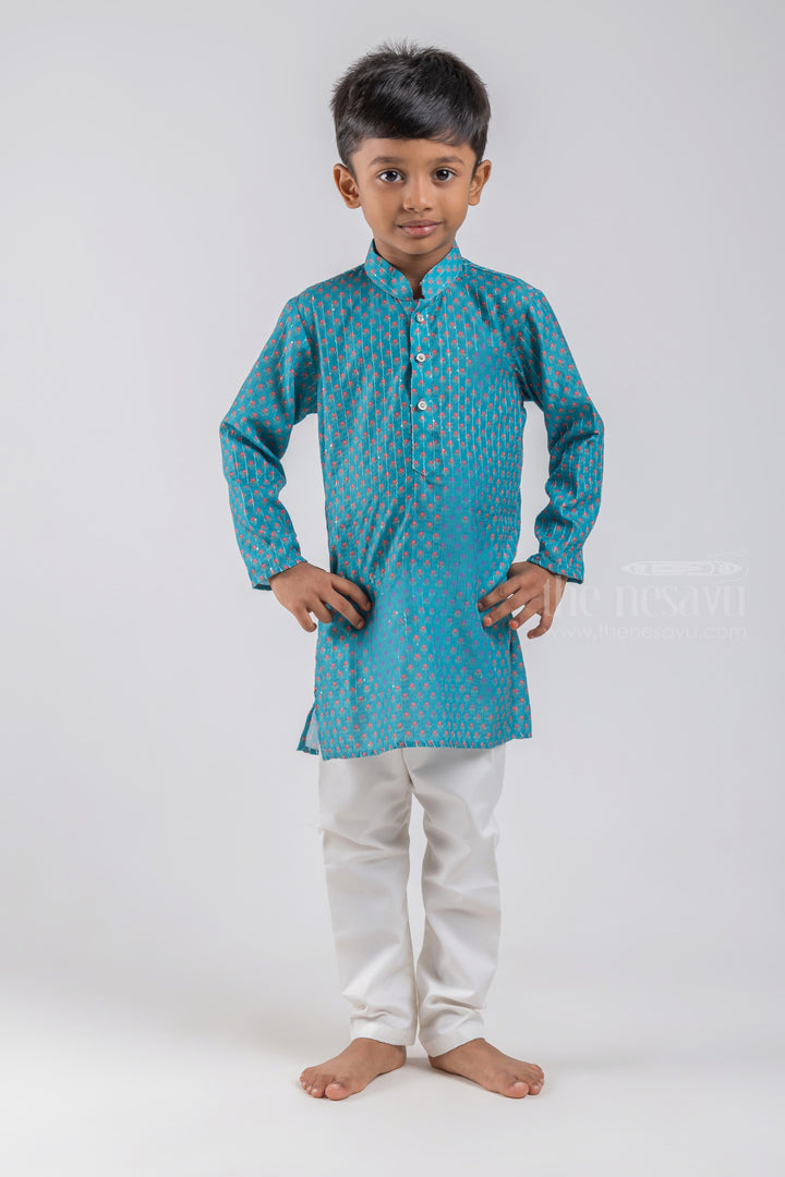 The Nesavu Boys Kurtha Set Dark Blue Latest Printed Cotton Kurta With White Pants For Little Boys psr silks Nesavu 14 (6M) / Blue / Cotton BES250A