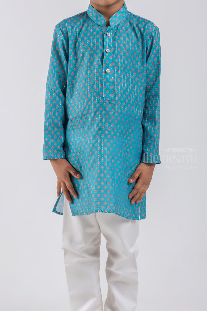 The Nesavu Boys Kurtha Set Dark Blue Latest Printed Cotton Kurta With White Pants For Little Boys psr silks Nesavu