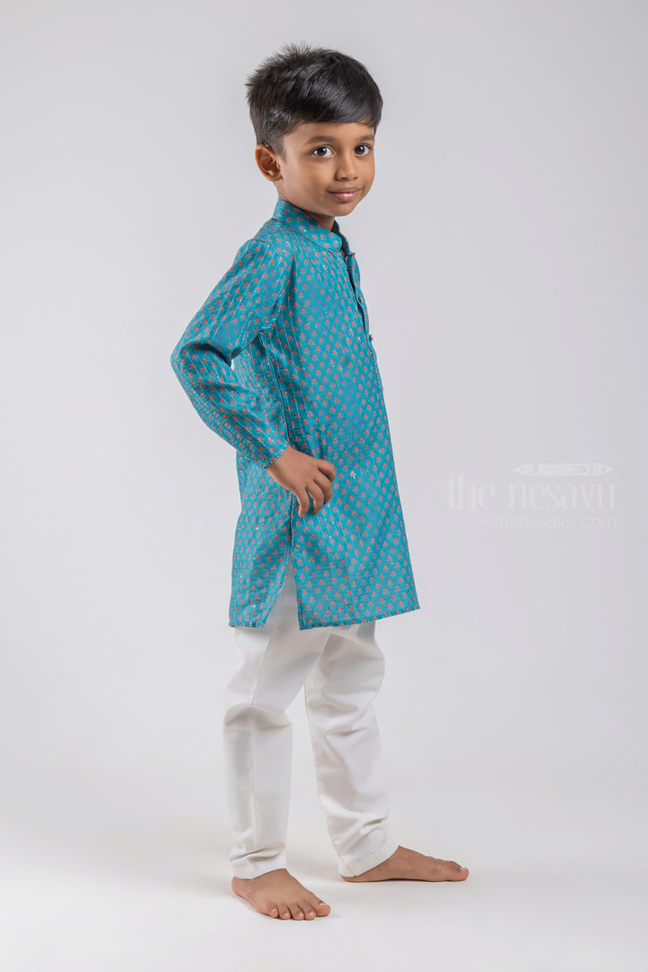 The Nesavu Boys Kurtha Set Dark Blue Latest Printed Cotton Kurta With White Pants For Little Boys psr silks Nesavu
