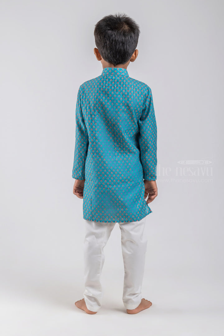 The Nesavu Boys Kurtha Set Dark Blue Latest Printed Cotton Kurta With White Pants For Little Boys psr silks Nesavu