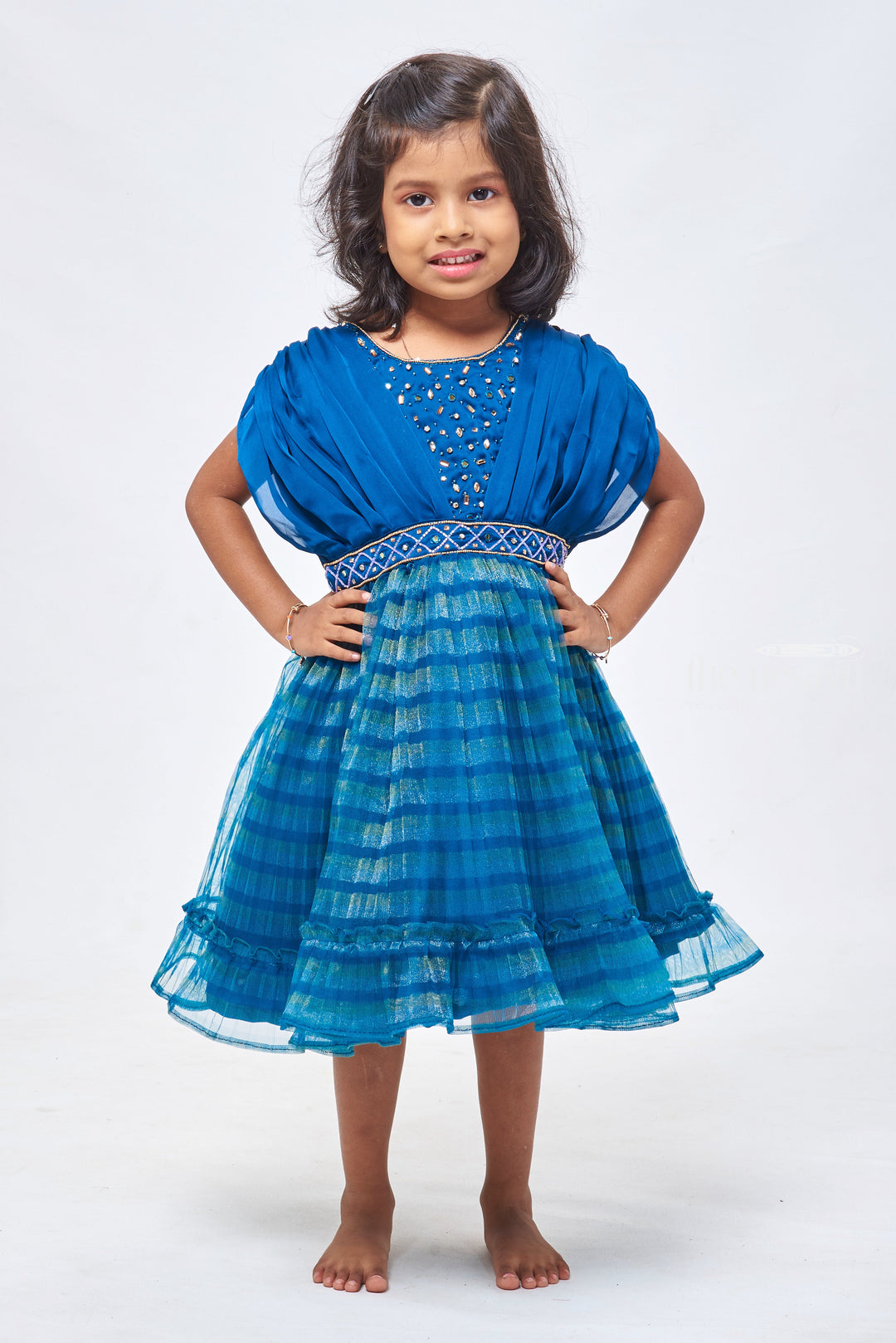 The Nesavu Girls Fancy Party Frock Dazzling Blue Gala Frock for Girls: Adorned with Rhinestones & Reflective Mirror Accents Nesavu 16 (1Y) / Blue / Plain net PF132A-16 1YEAR Old Baby Girl Birthday Frock | Baby Birthday Dress | the Nesavu