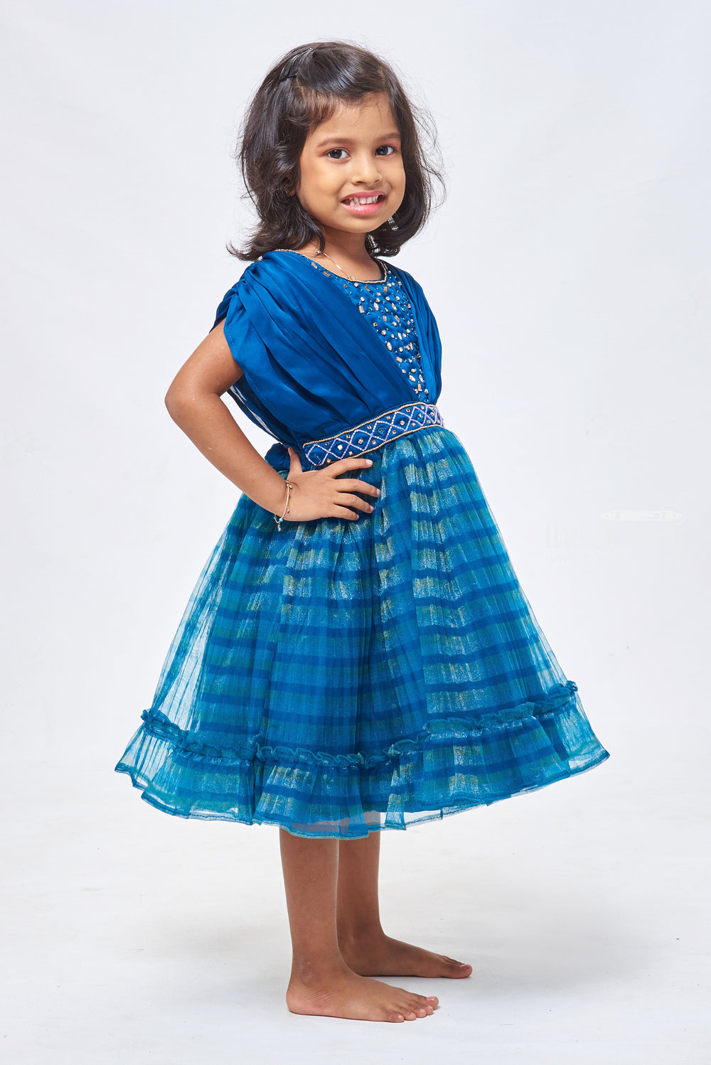The Nesavu Girls Fancy Party Frock Dazzling Blue Gala Frock for Girls: Adorned with Rhinestones & Reflective Mirror Accents Nesavu 1YEAR Old Baby Girl Birthday Frock | Baby Birthday Dress | the Nesavu