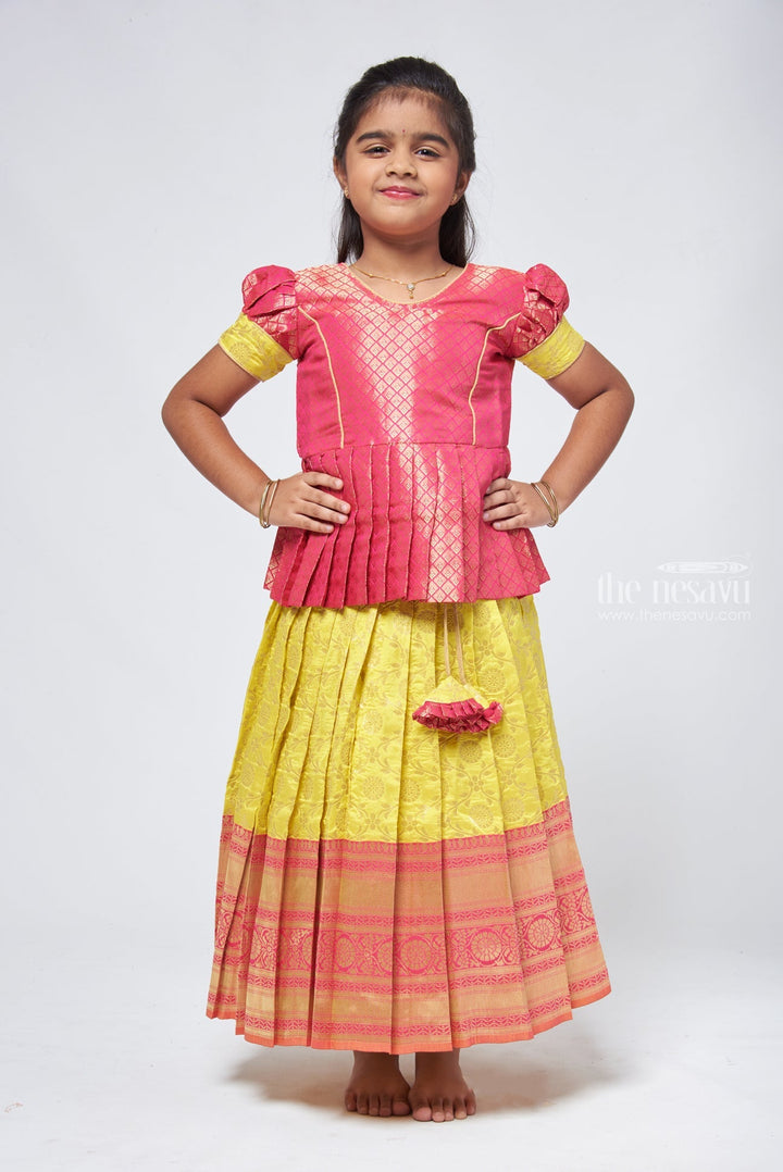 The Nesavu Pattu Pavadai Dazzling Brocade Pink Peplum Top with Banarasi Yellow Pattu Langa: Classic Silk Beauty Nesavu 20 (3Y) / Yellow / Big Border GPP305A-20 Banaras Silk Pattu Pavadai | Pattu Pavadai Sattai Designs | The Nesavu