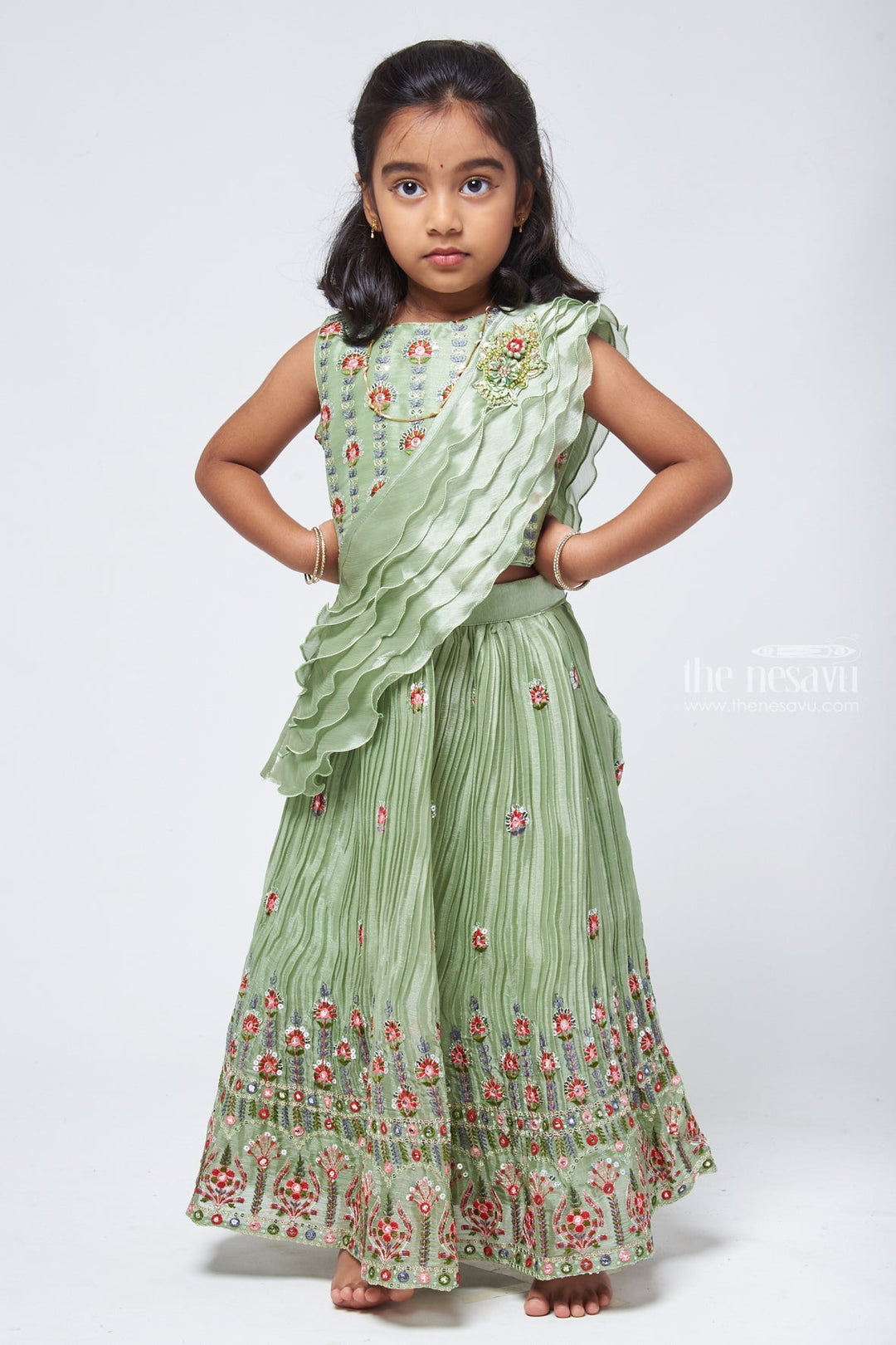 The Nesavu Lehenga & Ghagra Dazzling Delight Sea Green Floral Embroidered Langa Dress for Petite Princesses Nesavu 16 (1Y) / Green / Organza GL358A-16 Girls Lehenga Choli | Kids Ghagra Choli | The Nesavu