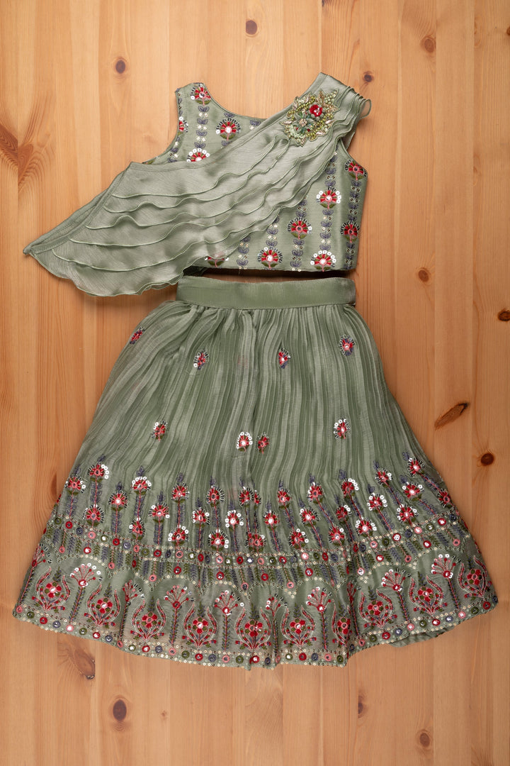 The Nesavu Lehenga & Ghagra Dazzling Delight Sea Green Floral Embroidered Langa Dress for Petite Princesses Nesavu Girls Lehenga Choli | Kids Ghagra Choli | The Nesavu