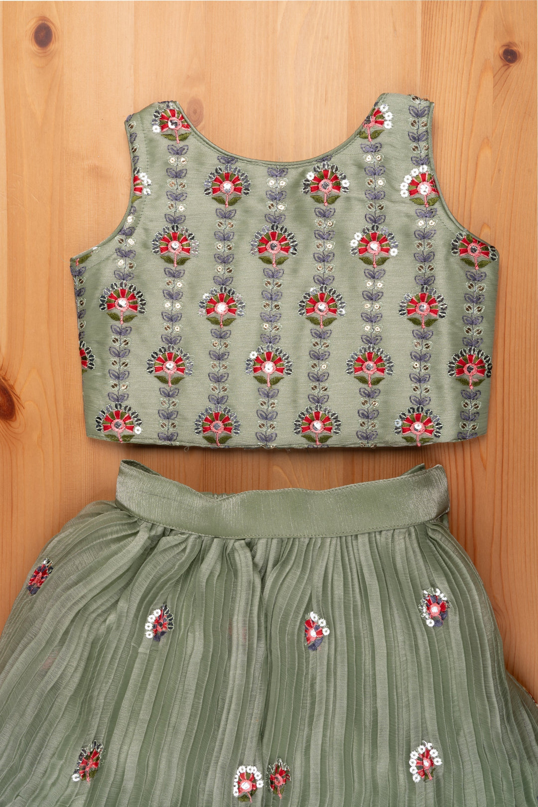 The Nesavu Lehenga & Ghagra Dazzling Delight Sea Green Floral Embroidered Langa Dress for Petite Princesses Nesavu Girls Lehenga Choli | Kids Ghagra Choli | The Nesavu