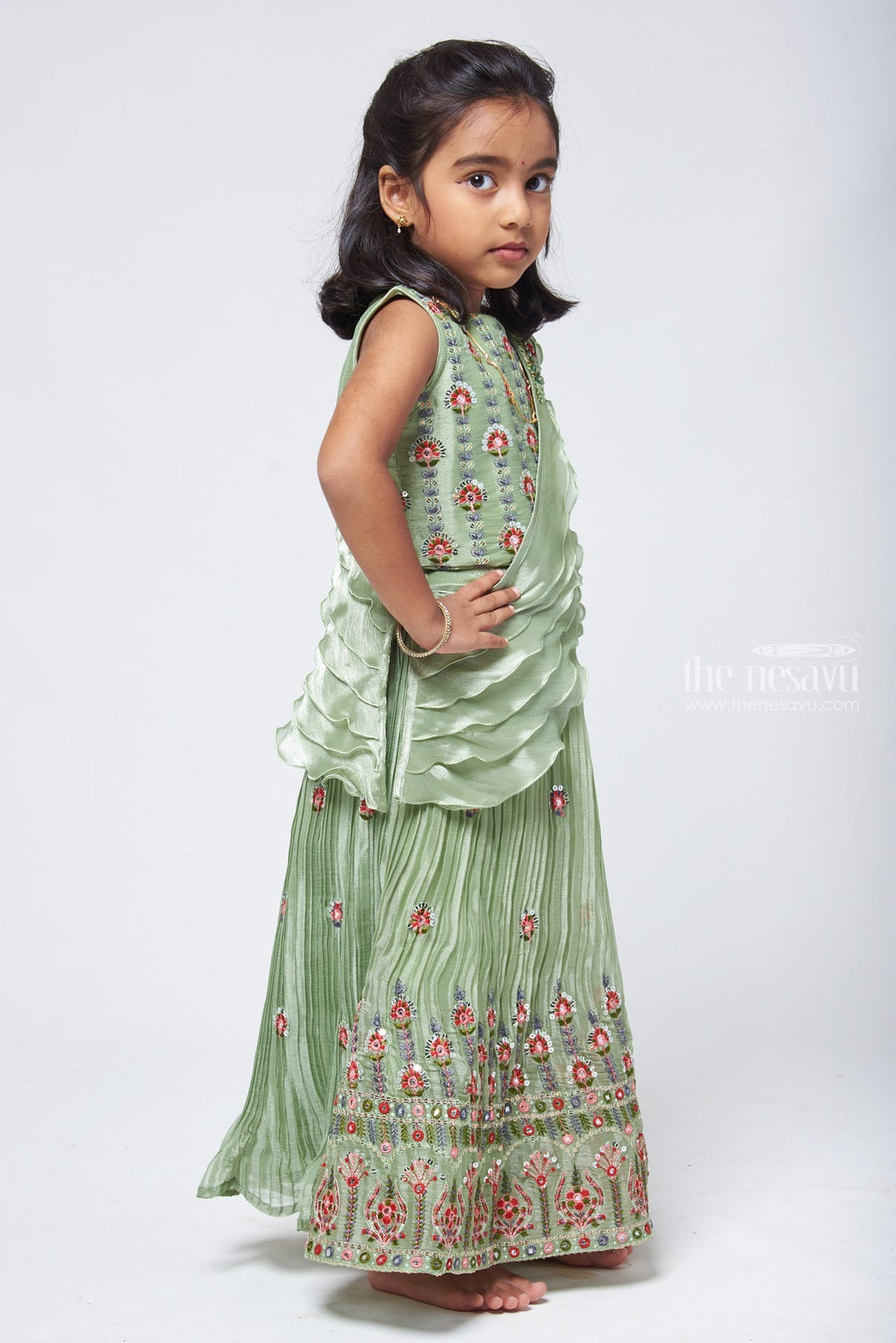The Nesavu Lehenga & Ghagra Dazzling Delight Sea Green Floral Embroidered Langa Dress for Petite Princesses Nesavu Girls Lehenga Choli | Kids Ghagra Choli | The Nesavu