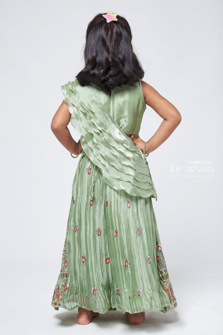 The Nesavu Lehenga & Ghagra Dazzling Delight Sea Green Floral Embroidered Langa Dress for Petite Princesses Nesavu Girls Lehenga Choli | Kids Ghagra Choli | The Nesavu