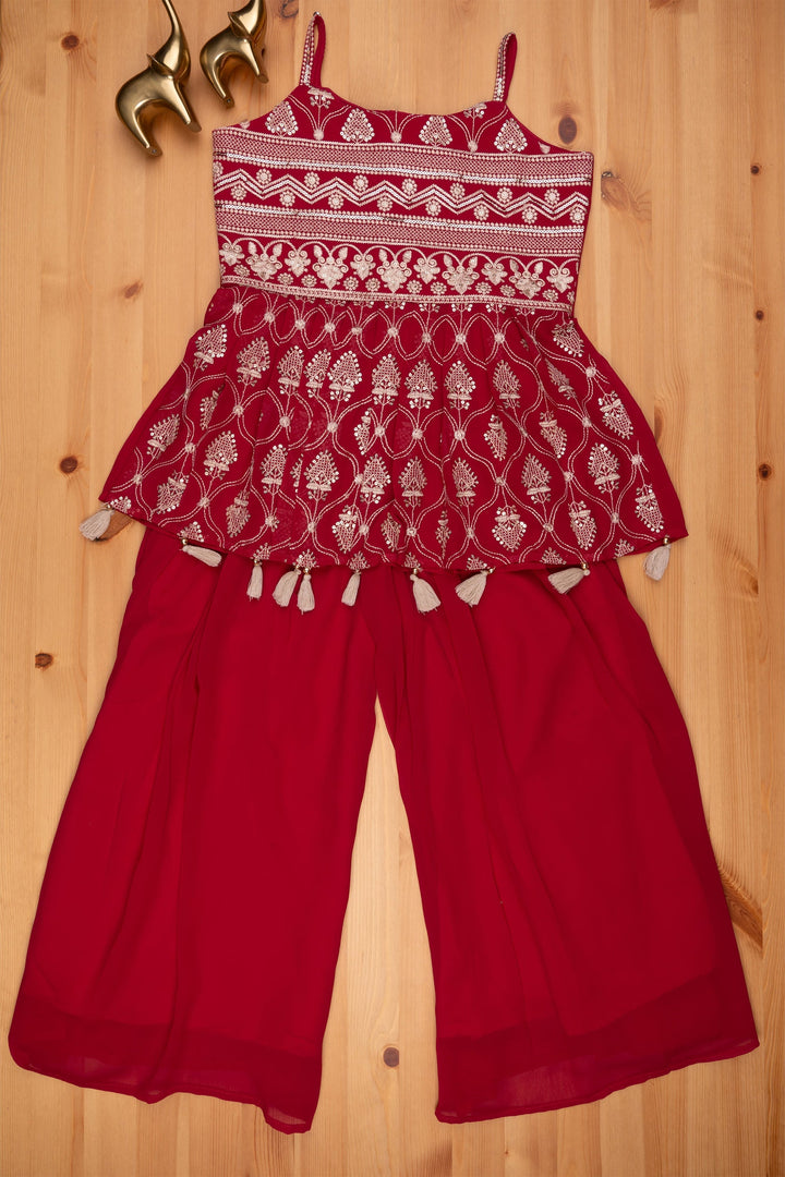 The Nesavu Girls Sharara / Plazo Set Dazzling Glitter Sequin Embroidered Maroon Kurti paired with Palazzo and Overcoat Festive Glamour for Girls Nesavu 24 (5Y) / Maroon / Georgette GPS104-24 Stylish Kurti And Palazzo Ensemble | Girls Sets And Suits | The Nesavu