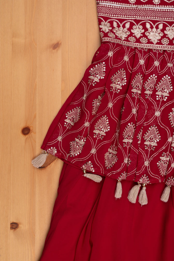 The Nesavu Girls Sharara / Plazo Set Dazzling Glitter Sequin Embroidered Maroon Kurti paired with Palazzo and Overcoat Festive Glamour for Girls Nesavu Stylish Kurti And Palazzo Ensemble | Girls Sets And Suits | The Nesavu