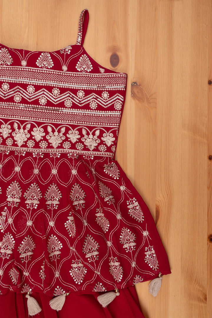 The Nesavu Girls Sharara / Plazo Set Dazzling Glitter Sequin Embroidered Maroon Kurti paired with Palazzo and Overcoat Festive Glamour for Girls Nesavu Stylish Kurti And Palazzo Ensemble | Girls Sets And Suits | The Nesavu