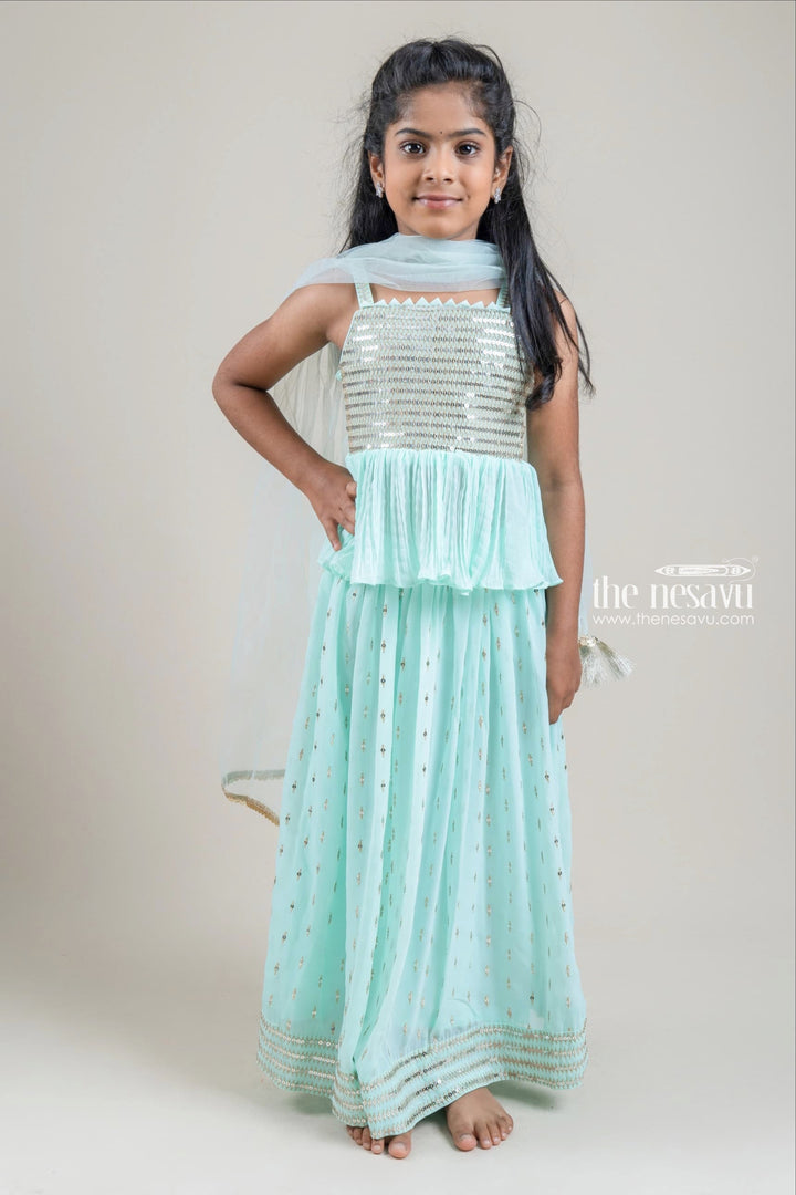 The Nesavu Lehenga & Ghagra Dazzling Green Glitter Sequined Choli With Lehenga For Little Girls Nesavu 18 (2Y) / Turquoise / Crepe GL343-18 Latest Designer Lehenga For Girls | Girls Lehenga dress | The Nesavu