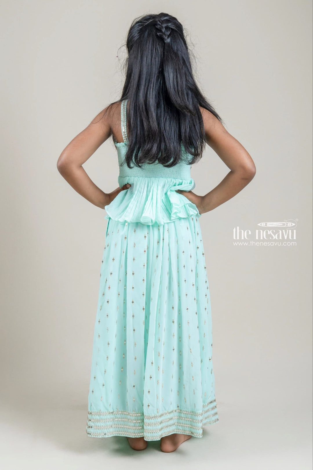 The Nesavu Lehenga & Ghagra Dazzling Green Glitter Sequined Choli With Lehenga For Little Girls Nesavu Latest Designer Lehenga For Girls | Girls Lehenga dress | The Nesavu