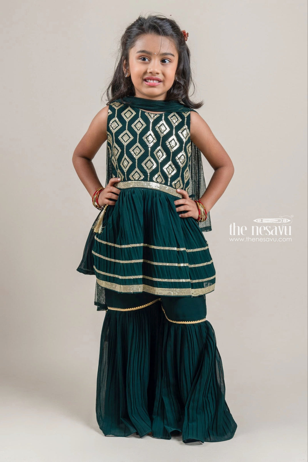 The Nesavu Girls Sharara / Plazo Set Dazzling Green Golden Glitter Sequin Embroidered Top With Palazzo Suit For Girls Nesavu 16 (1Y) / Green / Georgette GPS137B-16 Premium Palazzo Suit For Young Girls | Palazzo With Tops | The Nesavu