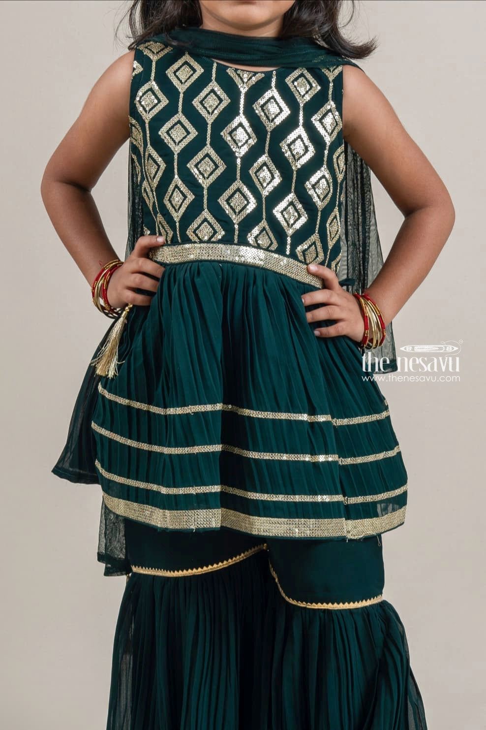 The Nesavu Girls Sharara / Plazo Set Dazzling Green Golden Glitter Sequin Embroidered Top With Palazzo Suit For Girls Nesavu Premium Palazzo Suit For Young Girls | Palazzo With Tops | The Nesavu