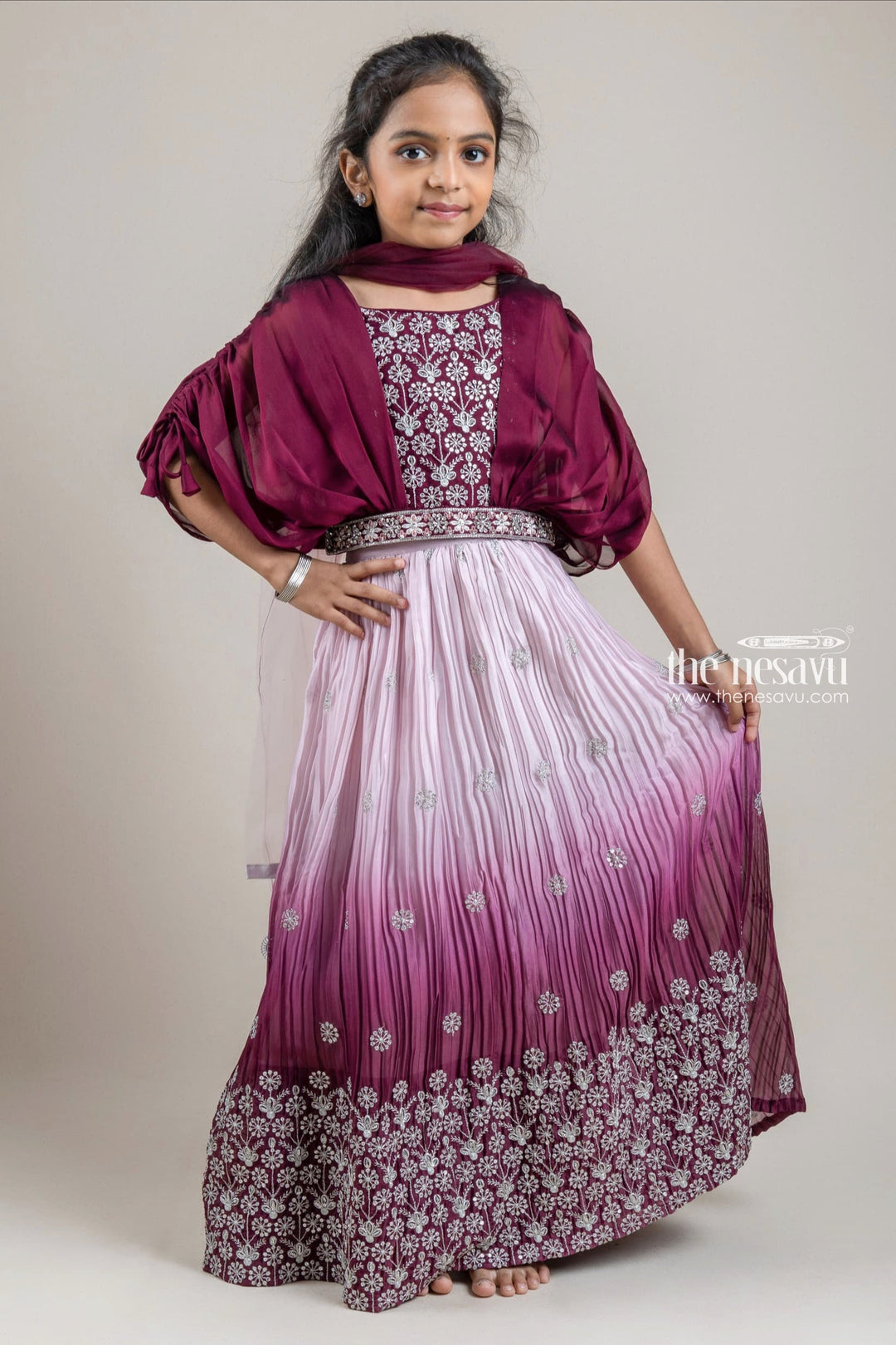 The Nesavu Lehenga & Ghagra Dazzling Maroon Floral Embroidery With Glitter Sequined Lehanga Choli Set For Girls Nesavu 24 (5Y) / Purple / Chinnon Chiffon GL338-24 Lehenga Designs For Girls | Latest Lehanga Choli | The Nesavu