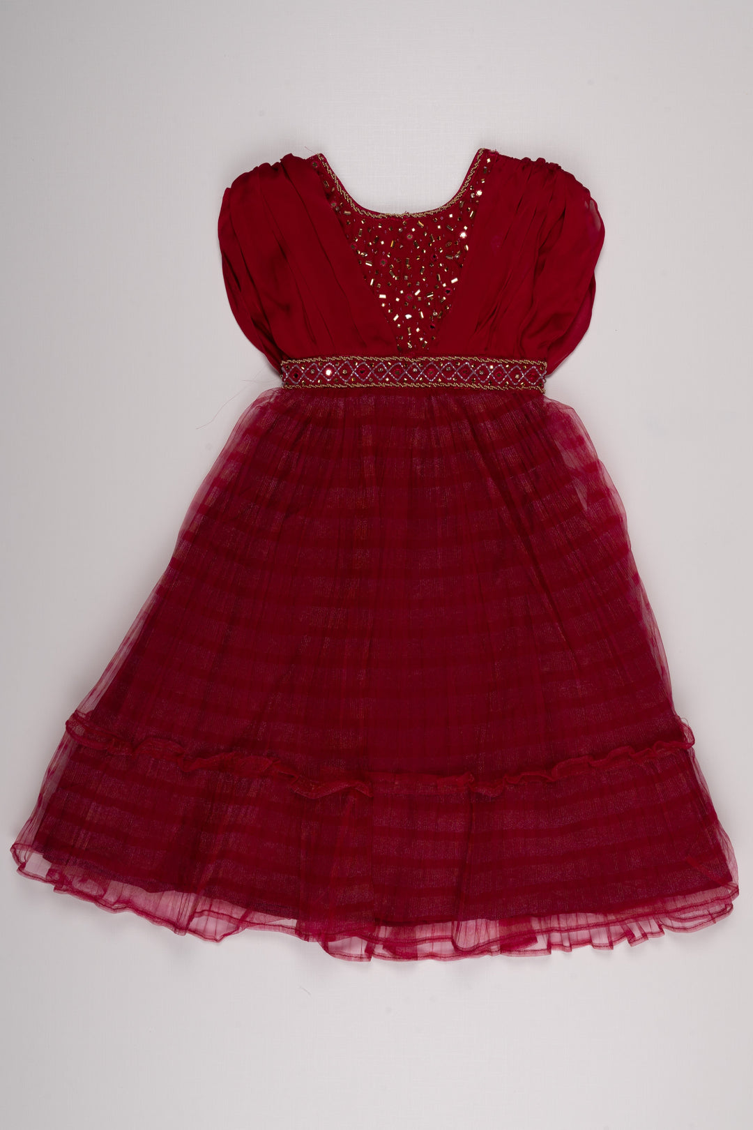 The Nesavu Girls Party Gown Dazzling Mirror Stone Embroidered Pleated & Striped Pattern Red Anarkali Gown for Girls- Elegant Diwali Anarkali Dresses Nesavu 20 (3Y) / Red / Plain Net GA142B-20 Anarkali Embroidery Dress Designs | Festive Diwali Anarkali Outfits | The Nesavu