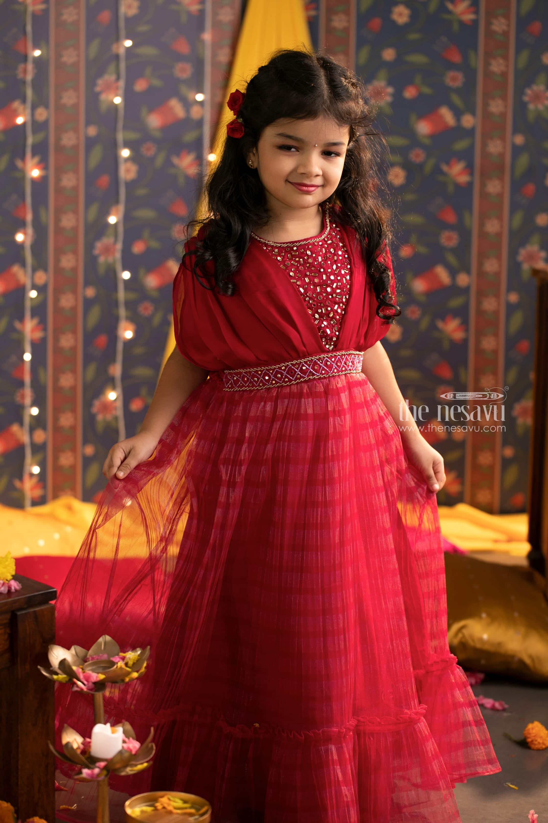 Red Block Printed Anarkali Gown Dress - Comfy Kaya