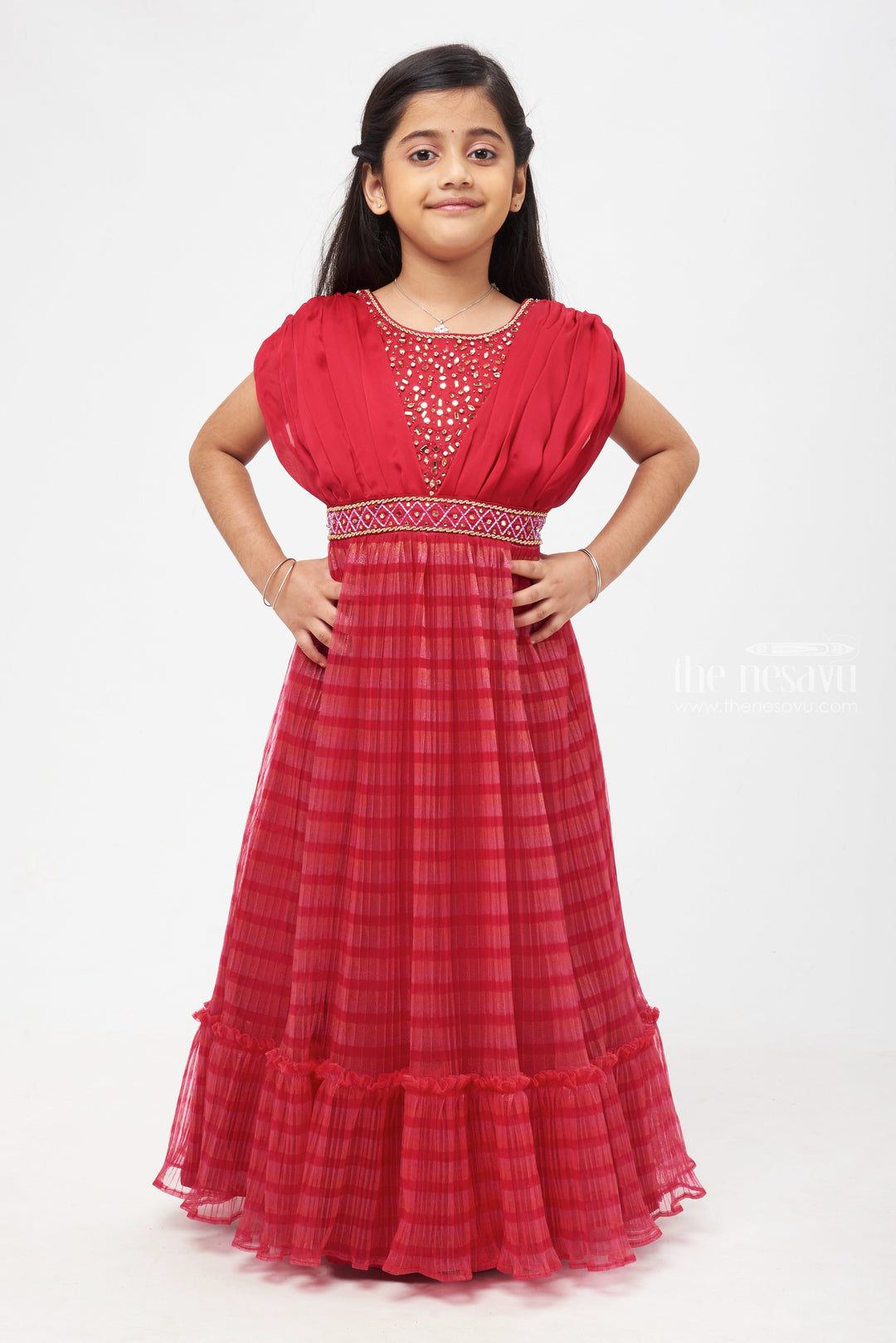 The Nesavu Girls Party Gown Dazzling Mirror Stone Embroidered Pleated & Striped Pattern Red Anarkali Gown for Girls- Elegant Diwali Anarkali Dresses Nesavu 20 (3Y) / Red / Plain Net GA142B-20 Anarkali Embroidery Dress Designs | Festive Diwali Anarkali Outfits | The Nesavu