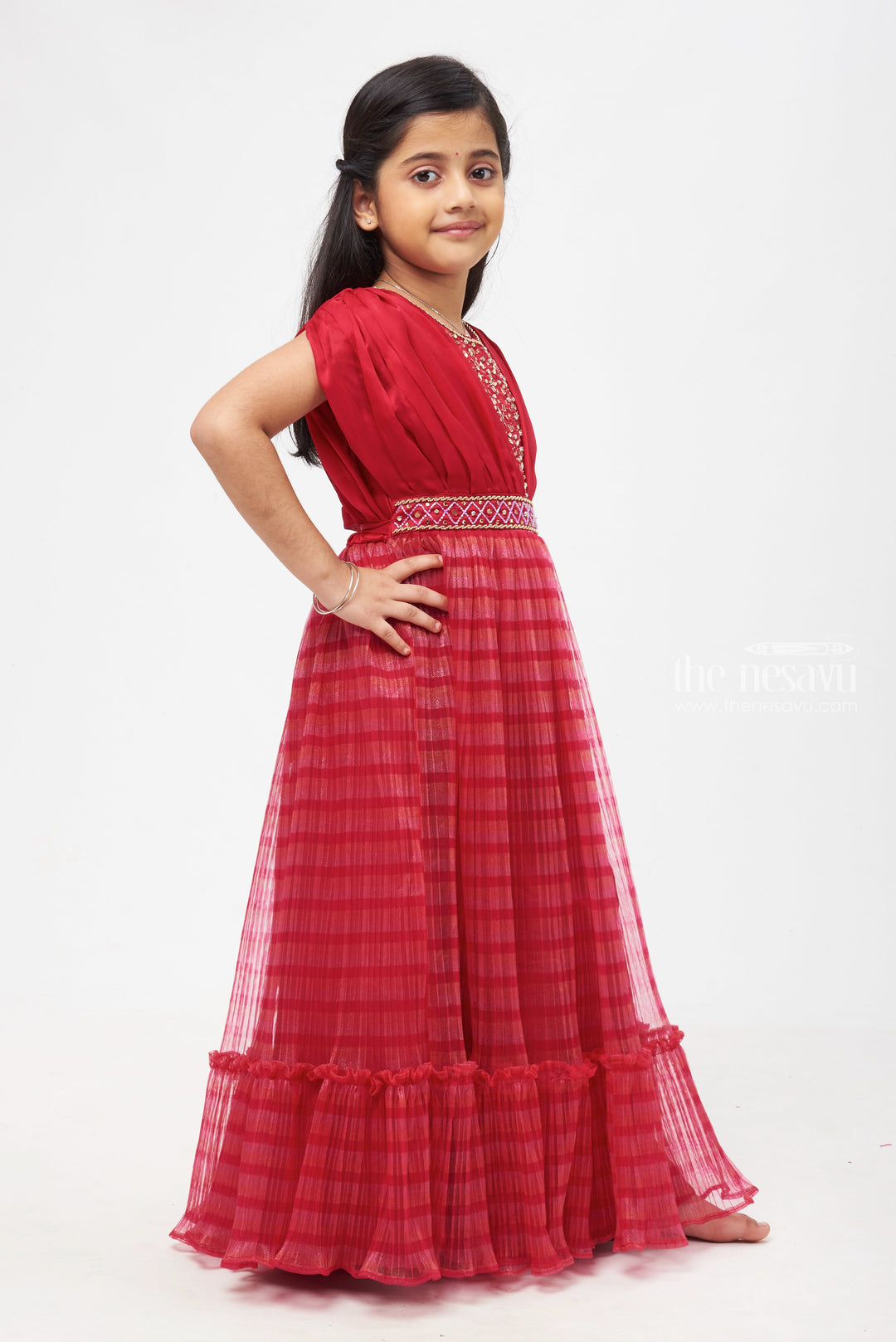 The Nesavu Girls Party Gown Dazzling Mirror Stone Embroidered Pleated & Striped Pattern Red Anarkali Gown for Girls- Elegant Diwali Anarkali Dresses Nesavu Anarkali Embroidery Dress Designs | Festive Diwali Anarkali Outfits | The Nesavu