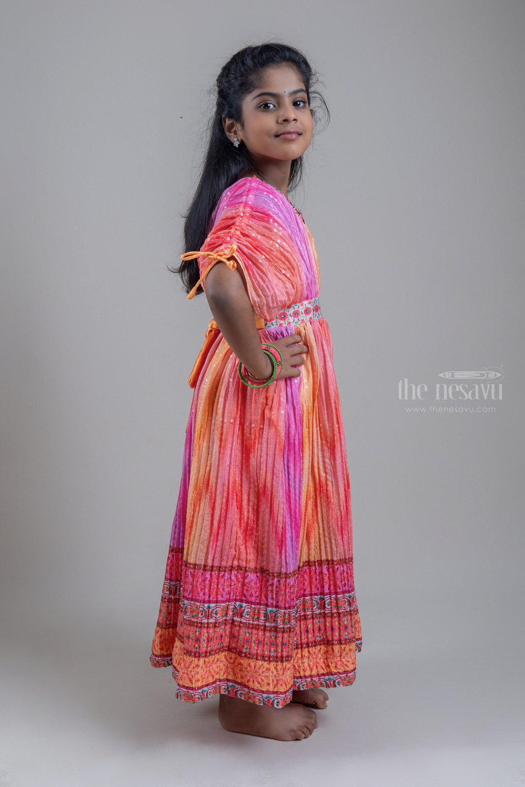 The Nesavu Kids Anarkali Dazzling Multi-colored Floral printed V-Neck Anarkali Dress For Girls psr silks Nesavu