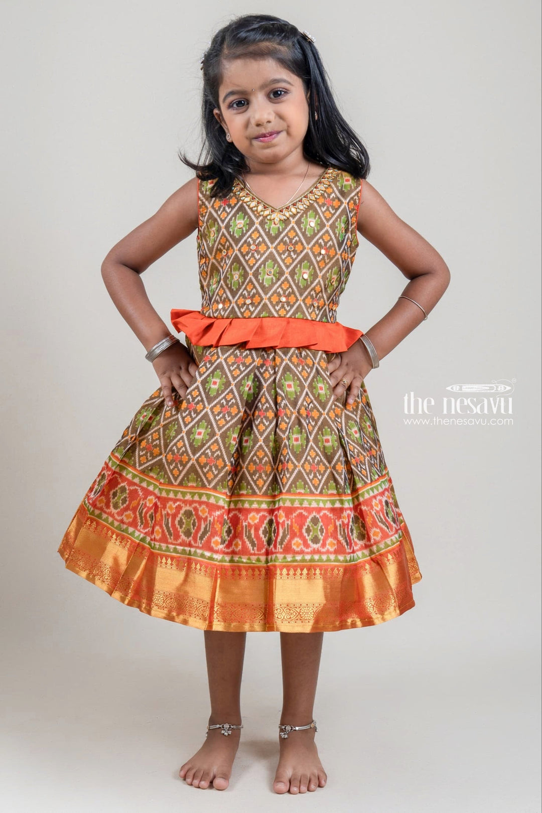 The Nesavu Silk Party Frock Dazzling Multi-colored Geometrical Printed N Embellished Miror Work Silk Frock For Girls Nesavu 14 (6M) / multicolor / Printed Silk SF570-14 Designer Silk Gown For Girls | Latest Silk Frock Collection | The Nesavu