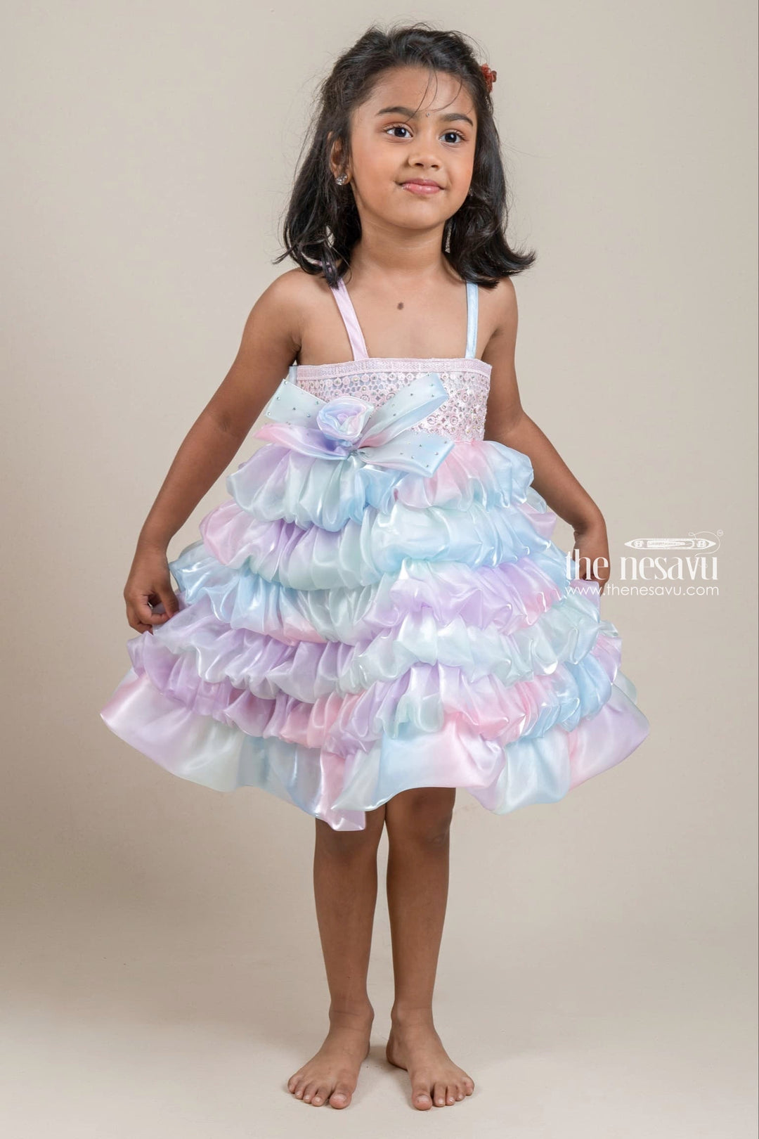The Nesavu Girls Fancy Party Frock Dazzling Multi-Colored Ruffled Tiered Girls party Frock With Flower Applique Nesavu 16 (1Y) / multicolor PF118-16 Party wear long frock design for girls | Girls Party Frock Collection | The Nesavu