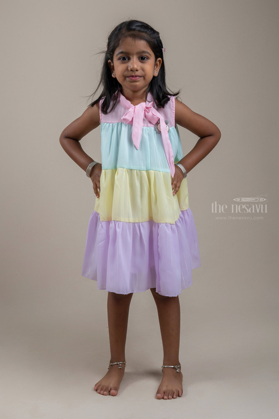 The Nesavu Frocks & Dresses Dazzling Multi-Colored Sleeveless Tiered Frock For Little Girls psr silks Nesavu 20 (3Y) / multicolor GFC1044A