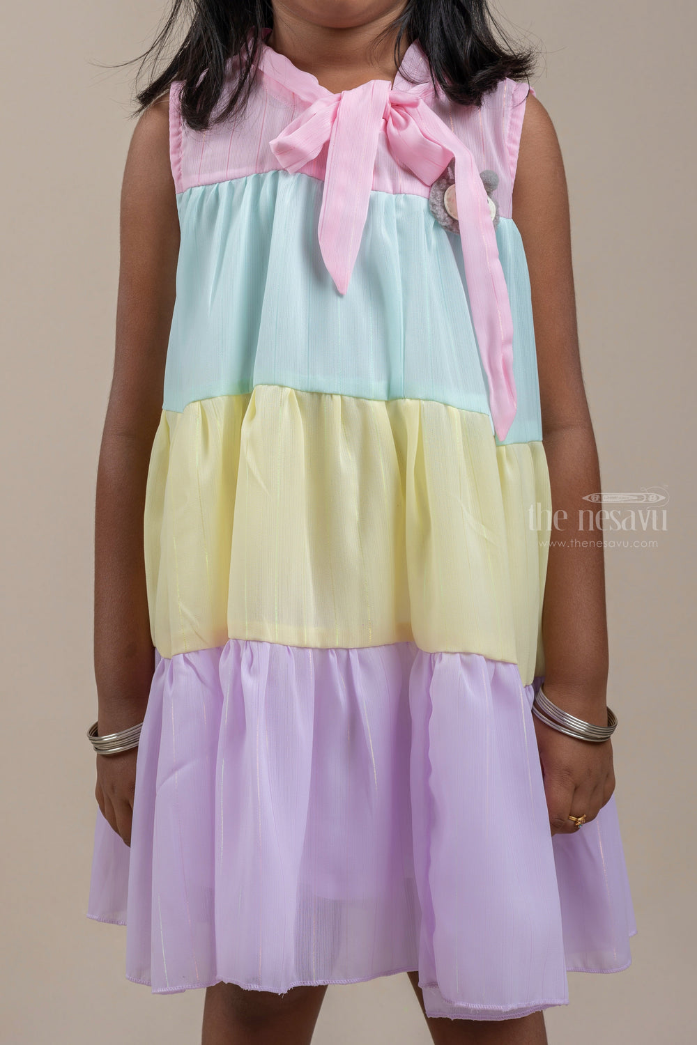The Nesavu Frocks & Dresses Dazzling Multi-Colored Sleeveless Tiered Frock For Little Girls psr silks Nesavu
