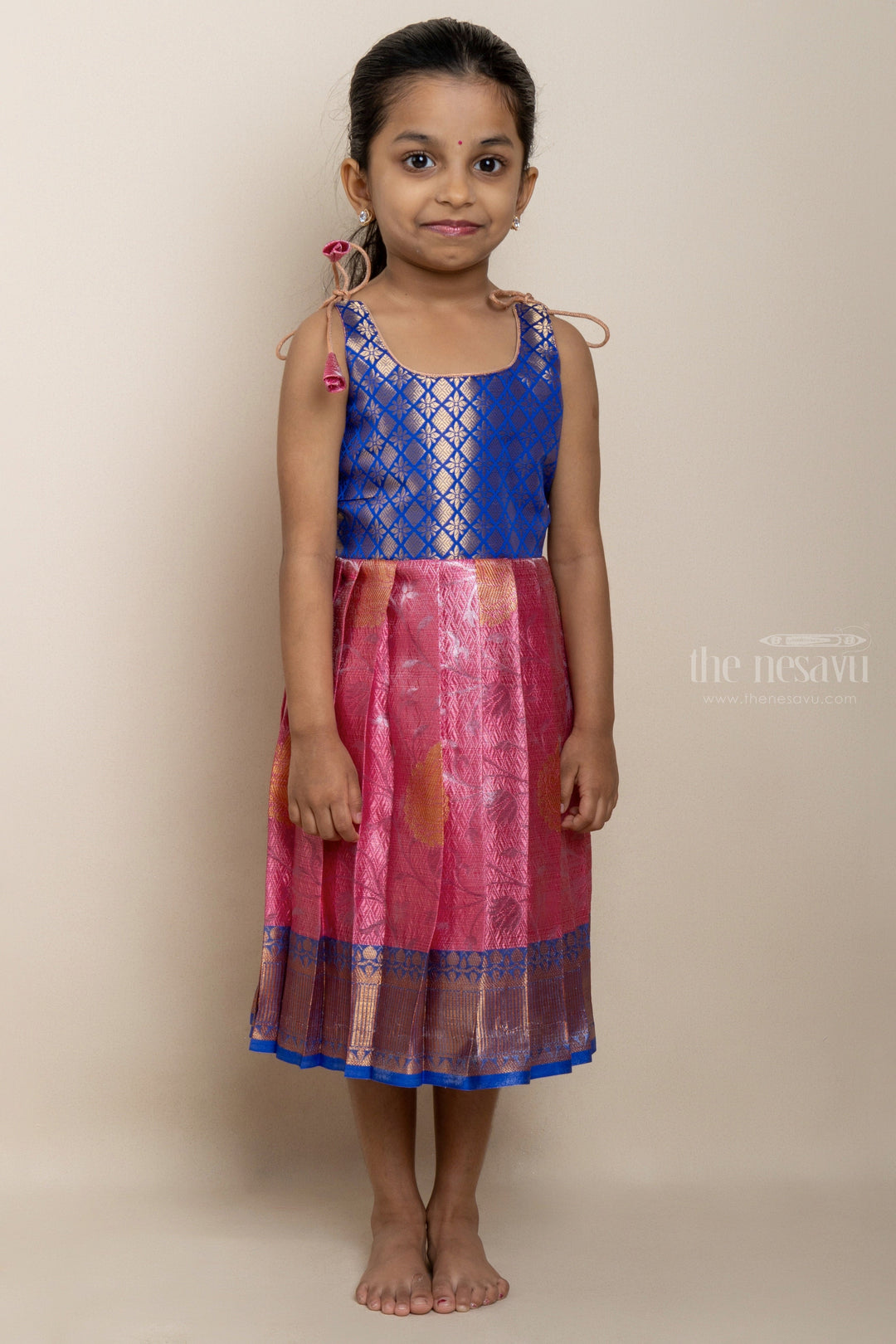 The Nesavu Tie-up Frock Dazzling PaleVioletRed And Blue Semi-Banaras Tie-Up Frocks For Girls psr silks Nesavu 12 (3M) / Pink T263A