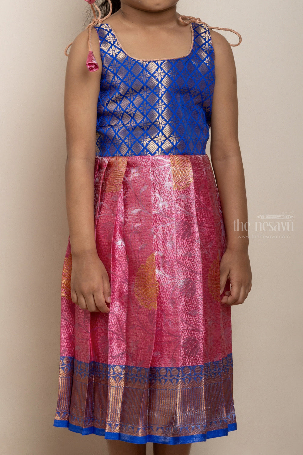 The Nesavu Tie-up Frock Dazzling PaleVioletRed And Blue Semi-Banaras Tie-Up Frocks For Girls Nesavu Unique Tie-Up Silk Frocks For Girls| Hot Selling Collection| The Nesavu
