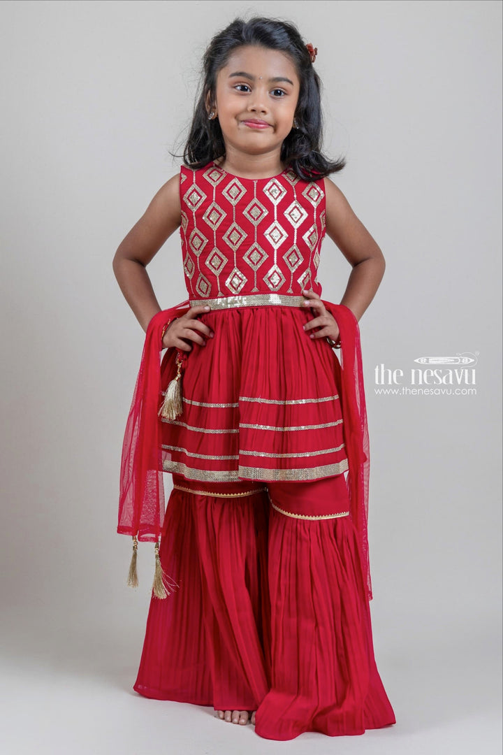 The Nesavu Girls Sharara / Plazo Set Dazzling Red Golden Glitter Sequin Embroidered Top With Palazzo Suit For Girls Nesavu 16 (1Y) / Red / Georgette GPS137A-16 Premium Palazzo Suit For Young Girls | Palazzo With Tops | The Nesavu