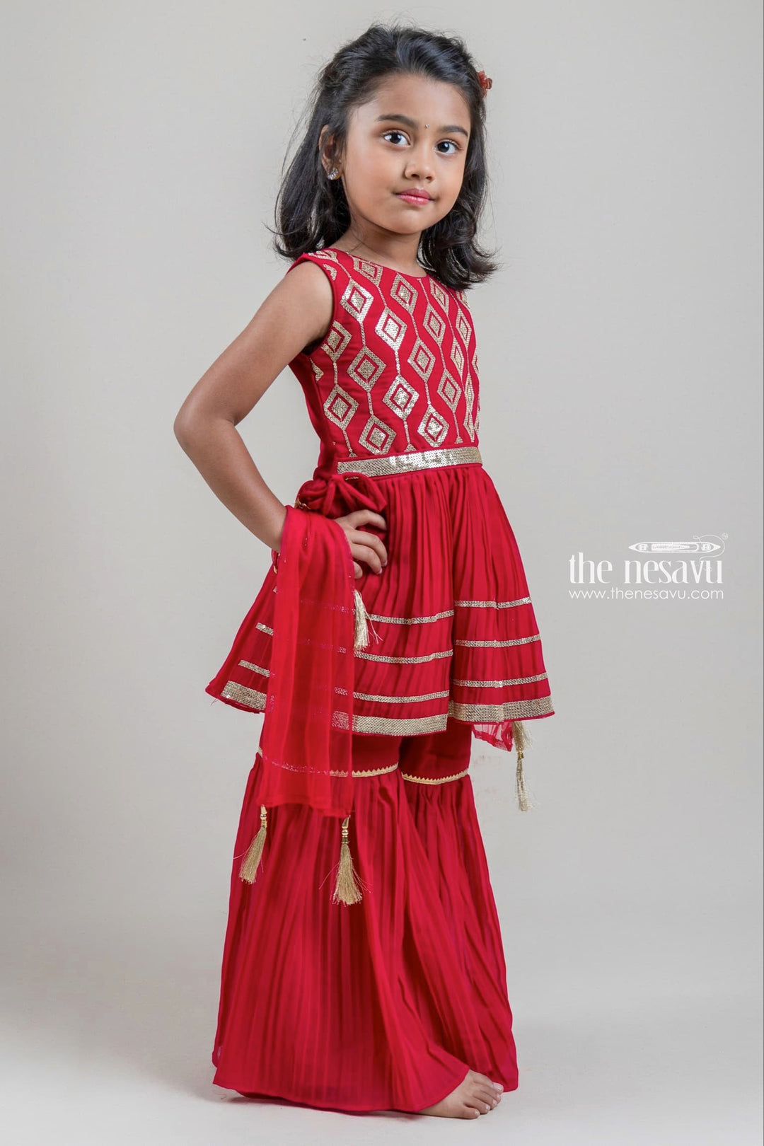 The Nesavu Girls Sharara / Plazo Set Dazzling Red Golden Glitter Sequin Embroidered Top With Palazzo Suit For Girls Nesavu Premium Palazzo Suit For Young Girls | Palazzo With Tops | The Nesavu