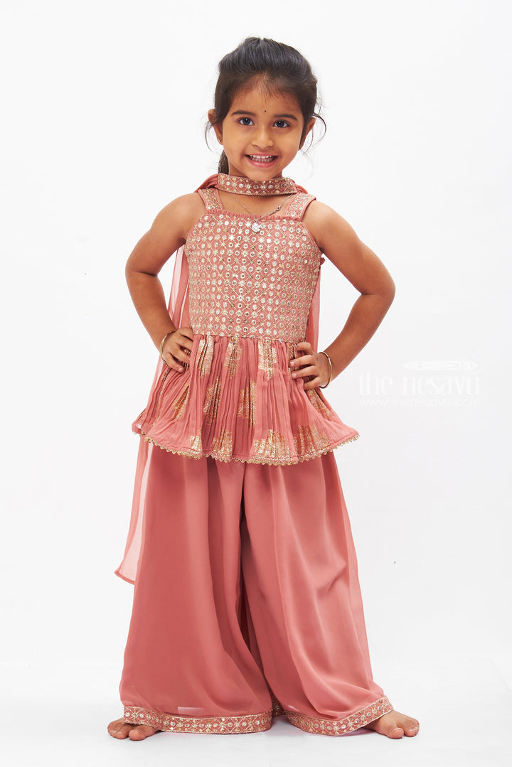 The Nesavu Girls Sharara / Plazo Set Dazzling Rose Gold Sequined Kurti with Wide-Leg Palazzo Set for Girls Nesavu 16 (1Y) / Pink GPS275B-16 Rose Gold Sequined Girls Kurti & Palazzo | Elegant Festive Outfit | The Nesavu