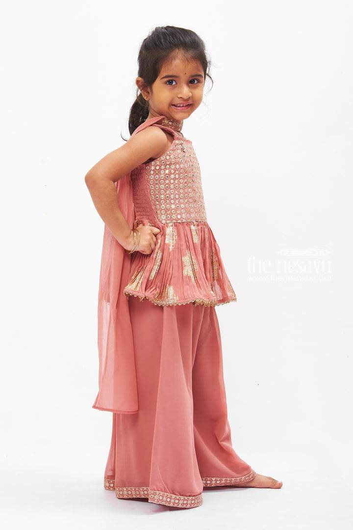 The Nesavu Girls Sharara / Plazo Set Dazzling Rose Gold Sequined Kurti with Wide-Leg Palazzo Set for Girls Nesavu Rose Gold Sequined Girls Kurti & Palazzo | Elegant Festive Outfit | The Nesavu