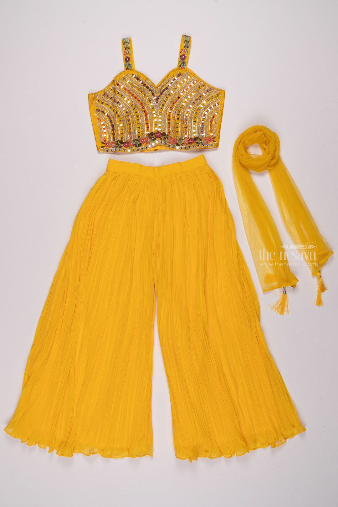 The Nesavu Girls Sharara / Plazo Set Dazzling Sequin Embellished Yellow Designer Top with Chiffon Palazzo for Girls Nesavu 28 (7Y) / Yellow / Chiffon GPS189A-28 Classic Girls Kurti with Palazzo | Timeless Kids Ethnic Wear | The Nesavu