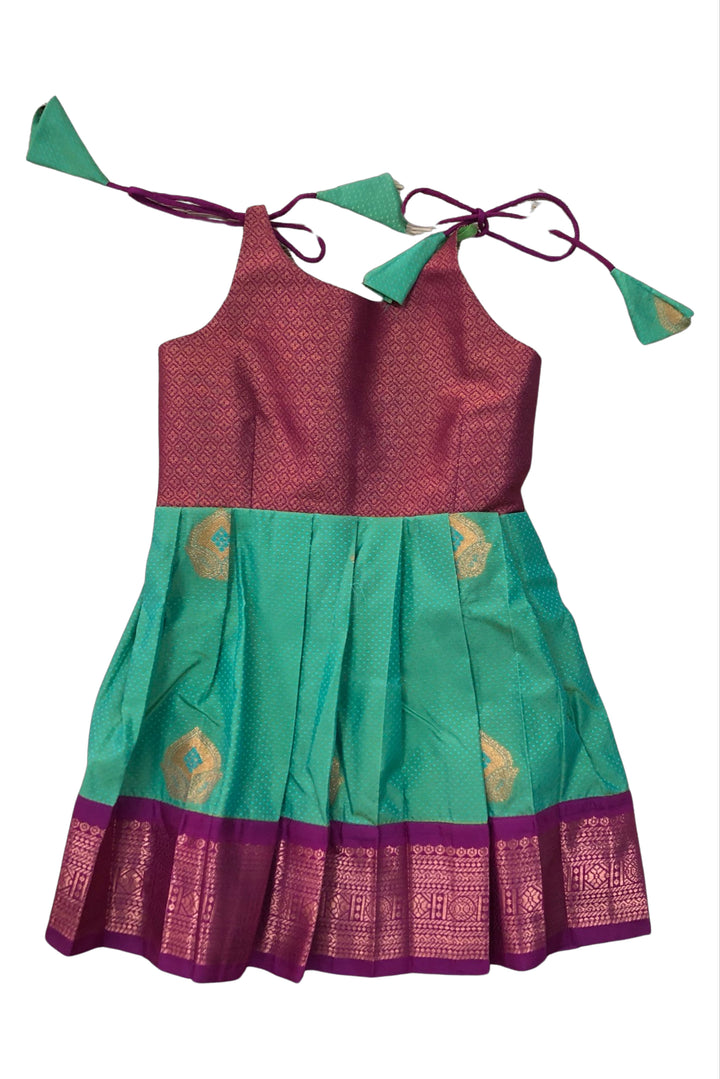 The Nesavu Tie-up Frock Deep Pink and Green Silk Tie-Up Frock with Gold Accents - Vibrant Party Dress Nesavu 16 (1Y) / Green / Style 3 T299C-16 Deep Pink & Green Party Silk Frock | Luxurious Dress with Gold Patterns | The Nesavu