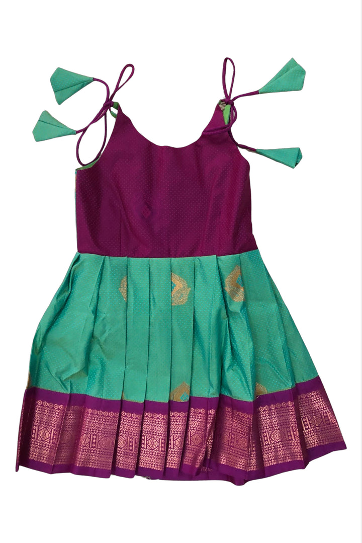 The Nesavu Tie-up Frock Deep Pink and Green Silk Tie-Up Frock with Gold Accents - Vibrant Party Dress Nesavu 16 (1Y) / Green / Style 4 T299D-16 Deep Pink & Green Party Silk Frock | Luxurious Dress with Gold Patterns | The Nesavu