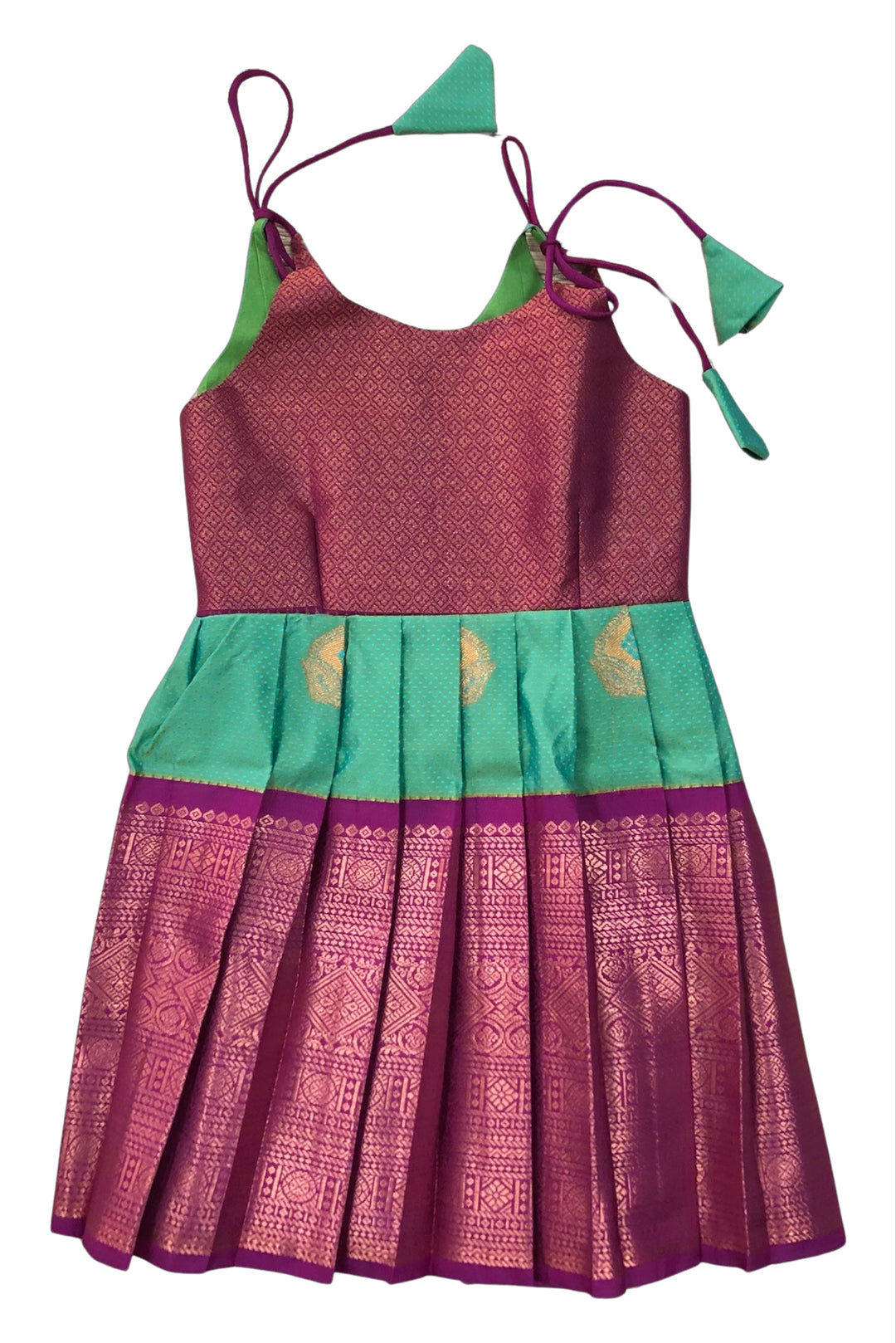 The Nesavu Tie-up Frock Deep Pink and Green Silk Tie-Up Frock with Gold Accents - Vibrant Party Dress Nesavu 18 (2Y) / Pink / Style 1 T299A-18 Deep Pink & Green Party Silk Frock | Luxurious Dress with Gold Patterns | The Nesavu