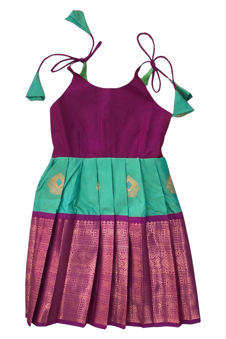 The Nesavu Tie-up Frock Deep Pink and Green Silk Tie-Up Frock with Gold Accents - Vibrant Party Dress Nesavu 18 (2Y) / Pink / Style 2 T299B-18 Deep Pink & Green Party Silk Frock | Luxurious Dress with Gold Patterns | The Nesavu