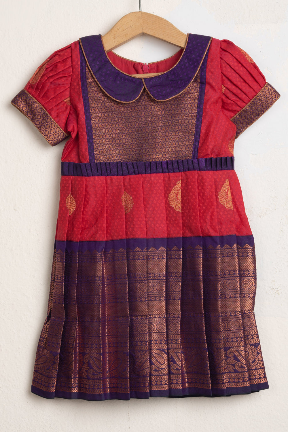 The Nesavu Girls Kanchi Silk Frock Deep Pink Brocade Printed Yoke And Blue Zari Border Semi-Silk Frocks For Girls Nesavu 14 (6M) / Pink / Big Border SF492DA-14 Ethnic Silk Dresses For Girls| Pink Collection| The Nesavu